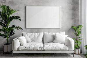 ai gegenereerd elegant leven kamer interieur met wit sofa en blanco wit canvas Aan de muur foto
