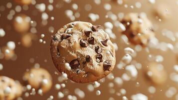 ai gegenereerd de chocola spaander koekje biscuit zweeft in de lucht Aan bokeh achtergrond. foto