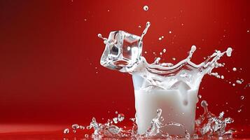 ai gegenereerd spatten melk van glas met rood achtergrond, ijs kubus aflopend. foto