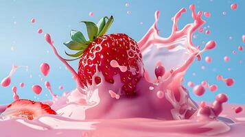 ai gegenereerd roze melk plons met aardbeien geïsoleerd Aan blauw achtergrond foto