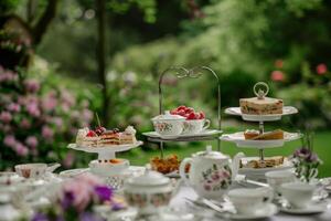 ai gegenereerd een tafel versierd met voortreffelijk borden van voedsel en delicaat cups van thee, reeks in een elegant middag thee instelling binnen een oud landgoed. foto