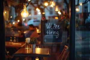 ai gegenereerd een knus cafe venster wordt weergegeven een teken dat leest wij zijn in dienst nemen, uitnodigend voorbijgangers naar overwegen toetreden de team. foto