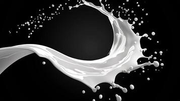 ai gegenereerd melk of wit vloeistof plons geïsoleerd Aan zwart achtergrond foto