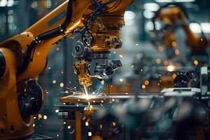 ai gegenereerd een robot arm ingewikkeld werken Aan een auto- fabricage bestanddeel met precisie en nauwkeurigheid. foto