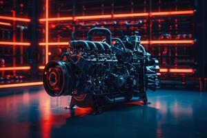 ai gegenereerd een groot, op het randje automotive motor is tentoongesteld boven een stevig tafel, uitstralend macht en innovatie. foto