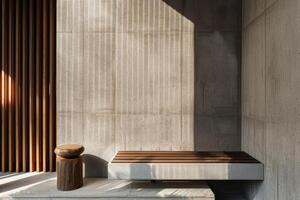 ai gegenereerd minimalistische interieur ontwerp, beton structuur met natuurlijk hout accenten, in modern elegantie foto