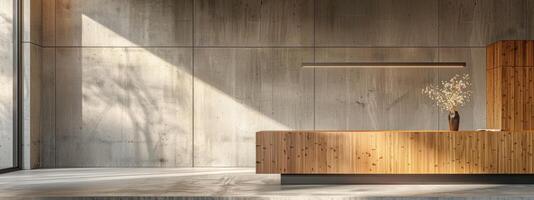 ai gegenereerd minimalistische interieur ontwerp, beton structuur met natuurlijk hout accenten, in modern elegantie foto