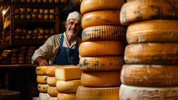 ai gegenereerd Italiaans kaas maker met zijn stapels van gemaakt foto