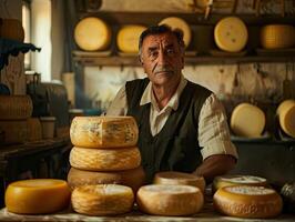 ai gegenereerd Italiaans kaas maker met zijn stapels van gemaakt foto