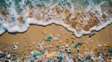 ai gegenereerd micro plastic verspilling dat vervuilt de strand foto