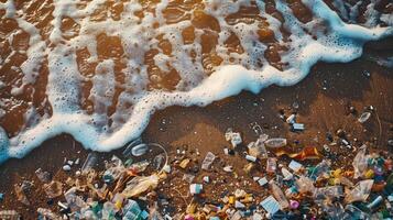 ai gegenereerd micro plastic verspilling dat vervuilt de strand foto