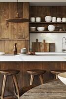 ai gegenereerd dichtbij omhoog van een keuken modern rustiek stijl, hout meubilair foto