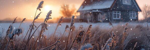 ai gegenereerd winter landschap Bij zonsondergang met gras en huis in achtergrond foto