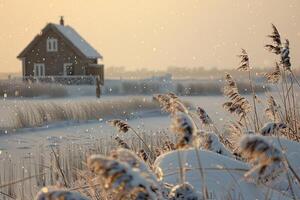 ai gegenereerd winter landschap Bij zonsondergang met gras en huis in achtergrond foto