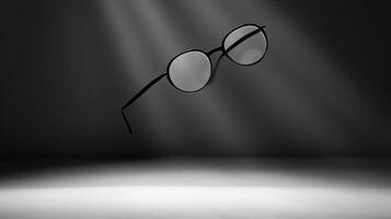 ai gegenereerd ronde bril in een donker instelling met licht stralen creëren een mystiek aura. oog Gezondheid concept. foto