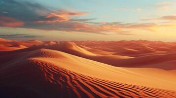 ai gegenereerd zand duinen in woestijn landschap. zonsopkomst met wolken in een woestijn. foto