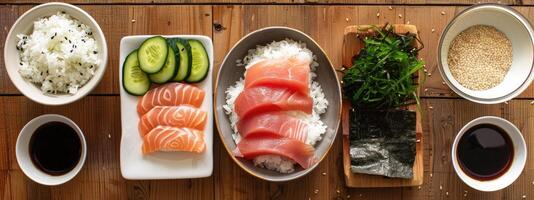 ai gegenereerd sommige rauw ingrediënten naar maken sushi foto