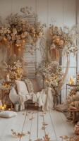 ai gegenereerd backdrop voor beige boho fotoshoot in geel lichten en wit bloemen foto