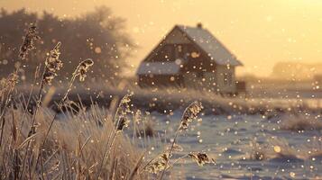 ai gegenereerd winter landschap Bij zonsondergang met gras en huis in achtergrond foto