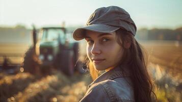 ai gegenereerd mooi vrouw boer in een pet met een trekker in de achtergrond foto