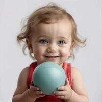 ai gegenereerd een baby glimlachen met een groen tennis bal foto