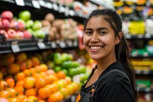 ai gegenereerd glimlachen vrouw supermarkt fruit sectie arbeider op zoek Bij de camera foto