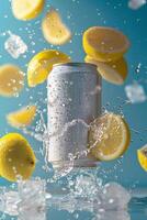ai gegenereerd een wit kan van energie drinken met druppels en ijs kubussen omringd door citroenen foto