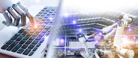 kunstmatig intelligentie- concept van robot hand- typen toetsenbord, ai mechanisch arm, industrieel robot in fabriek foto