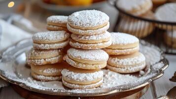 ai gegenereerd alfajores traditioneel Argentinië zoet koekjes Aan een tafel foto