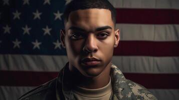ai gegenereerd portret van een afro Amerikaans soldaat in voorkant van een vlag van de Verenigde Staten van Amerika. soldaat staand in voorkant van Verenigde Staten van Amerika vlag. foto