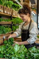 ai gegenereerd vrouw boer plukken cos sla van een houten groente houder foto