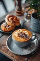 ai gegenereerd een kop van cappuccino met een bun foto