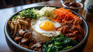 ai gegenereerd steen geroosterd Bibimbap Koreaans stijl gemengd rijst- foto