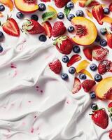 ai gegenereerd achtergrond met yoghurt, aardbeien, perziken en bosbessen foto