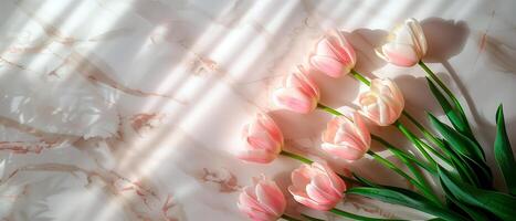 ai gegenereerd bundel van mooi roze tulpen tegen marmeren wijnoogst oppervlakte met leeg ruimte voor tekst. foto