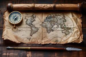 ai gegenereerd een kaart van wereld is geplaatst Aan een tafel met een messing kompas en een schacht professioneel fotografie foto