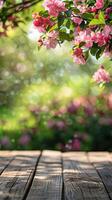 ai gegenereerd voorjaar tafel met bomen in bloeien en onscherp zonnig tuin in achtergrond foto
