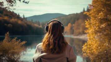 ai gegenereerd muziek- therapie, harmonie, mentaal Gezondheid concept. mooi jong vrouw genieten van muziek- met hoofdtelefoons buitenshuis. vrouw vervelend hoofdtelefoons genieten van muziek- en mooi zo gevoel foto