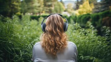 ai gegenereerd muziek- therapie, harmonie, mentaal Gezondheid concept. mooi jong vrouw genieten van muziek- met hoofdtelefoons buitenshuis. vrouw vervelend hoofdtelefoons genieten van muziek- en mooi zo gevoel foto