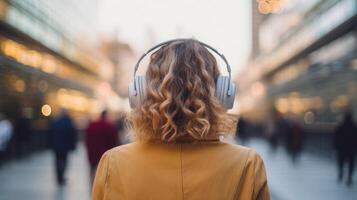 ai gegenereerd muziek- therapie, harmonie, mentaal Gezondheid concept. mooi jong vrouw genieten van muziek- met hoofdtelefoons buitenshuis. vrouw vervelend hoofdtelefoons genieten van muziek- en mooi zo gevoel foto