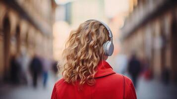 ai gegenereerd muziek- therapie, harmonie, mentaal Gezondheid concept. mooi jong vrouw genieten van muziek- met hoofdtelefoons buitenshuis. vrouw vervelend hoofdtelefoons genieten van muziek- en mooi zo gevoel foto