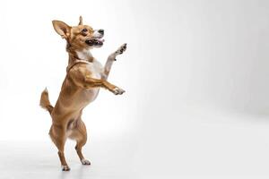 ai gegenereerd een speels hond staand Aan haar achter poten Aan wit achtergrond foto