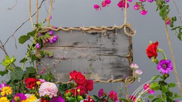 ai gegenereerd een handgemaakt houten teken hing door Liaan touwen en omringd door kleurrijk bloemen foto