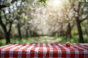 ai gegenereerd voorjaar tafel met bomen in bloeien en onscherp zonnig tuin in achtergrond foto