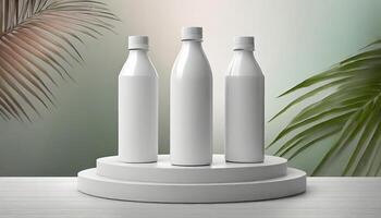 ai gegenereerd podium Scherm van plastic fles voorkant visie mockup wit met tinten Aan kleur hen, gegenereerd ai foto