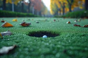 ai gegenereerd golf gat en ballen Aan de groen foto