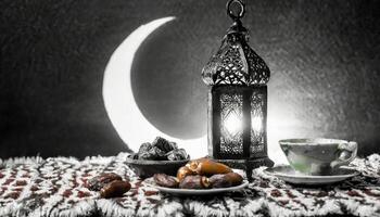 ai gegenereerd traditioneel Ramadan en eid lantaarn lamp met halve maan maan, datums en fruit in een kom Aan tapijt, gegenereerd ai foto