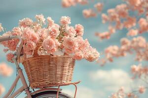 ai gegenereerd fiets rijden door de platteland met een bloemen in de fiets mand professioneel fotografie foto