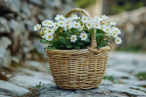 ai gegenereerd een mand vol van bloemen in met gras begroeid veld- professioneel fotografie foto