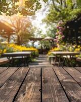 ai gegenereerd voorjaar tafel met bomen in bloeien en onscherp zonnig tuin in achtergrond foto